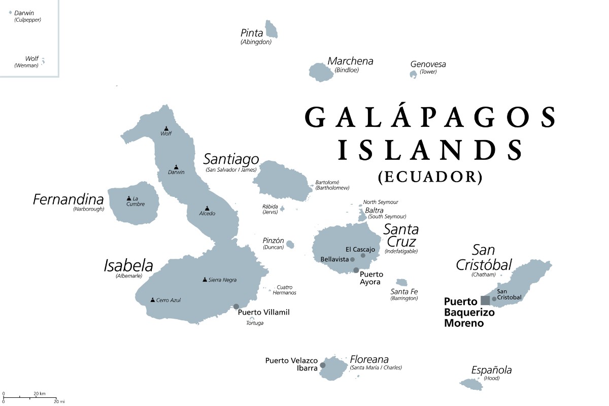 Galapagos Islands, Ecuador, gray political map, with capital Puerto Baquerizo Moreno.